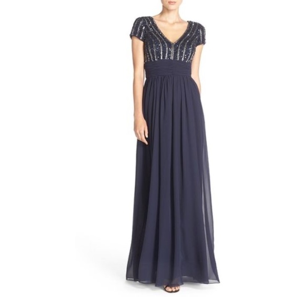 NWT JS Collections Embellished Chiffon Gown Navy‎ Blue [SZ 2 ] - Picture 6 of 10